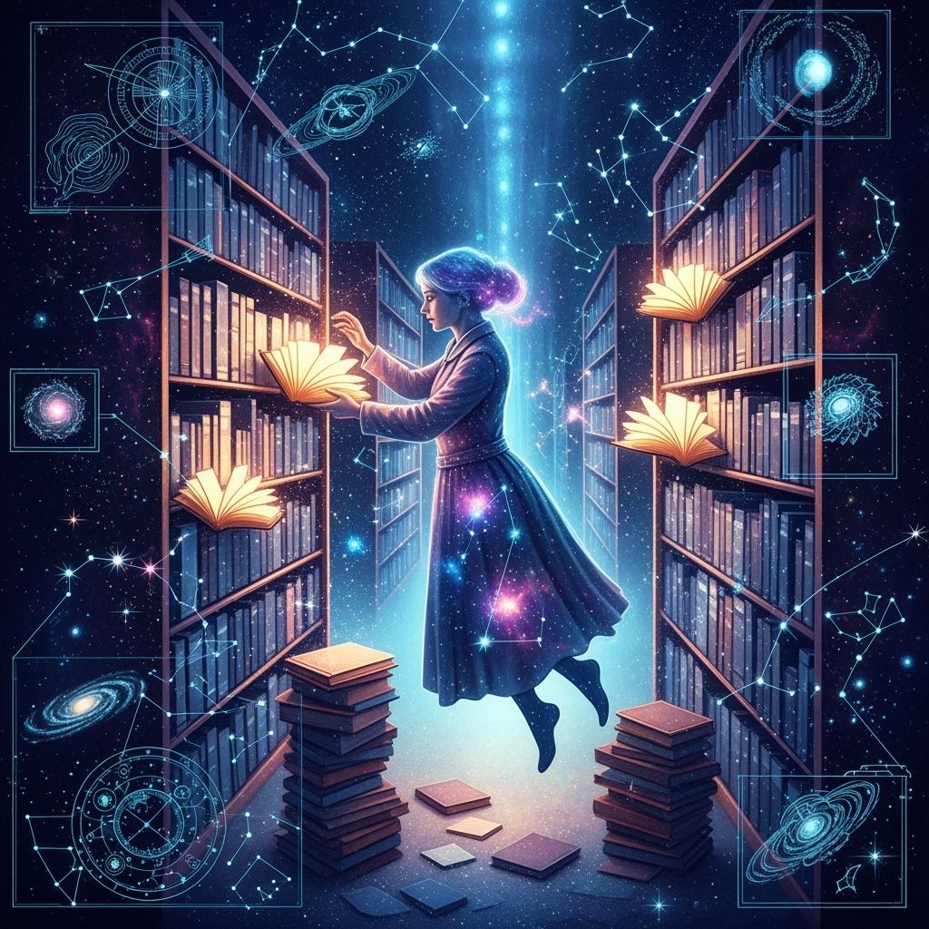 Cosmic Librarian Organizes Stardust Shelves with Luminous To...