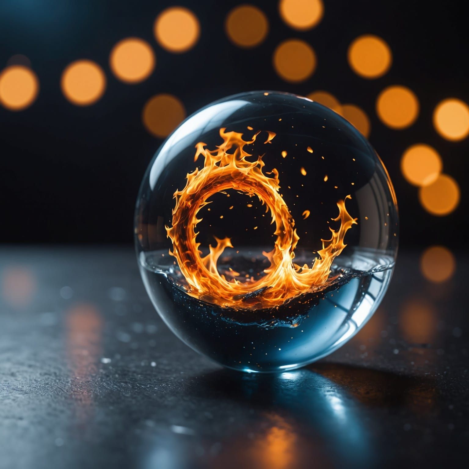 Fire and Water in Glass Sphere: Space Photography