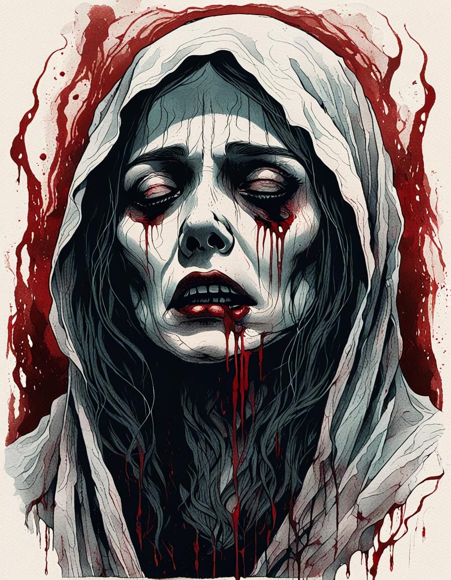 Ghost Woman Cries Blood in Horror Illustration