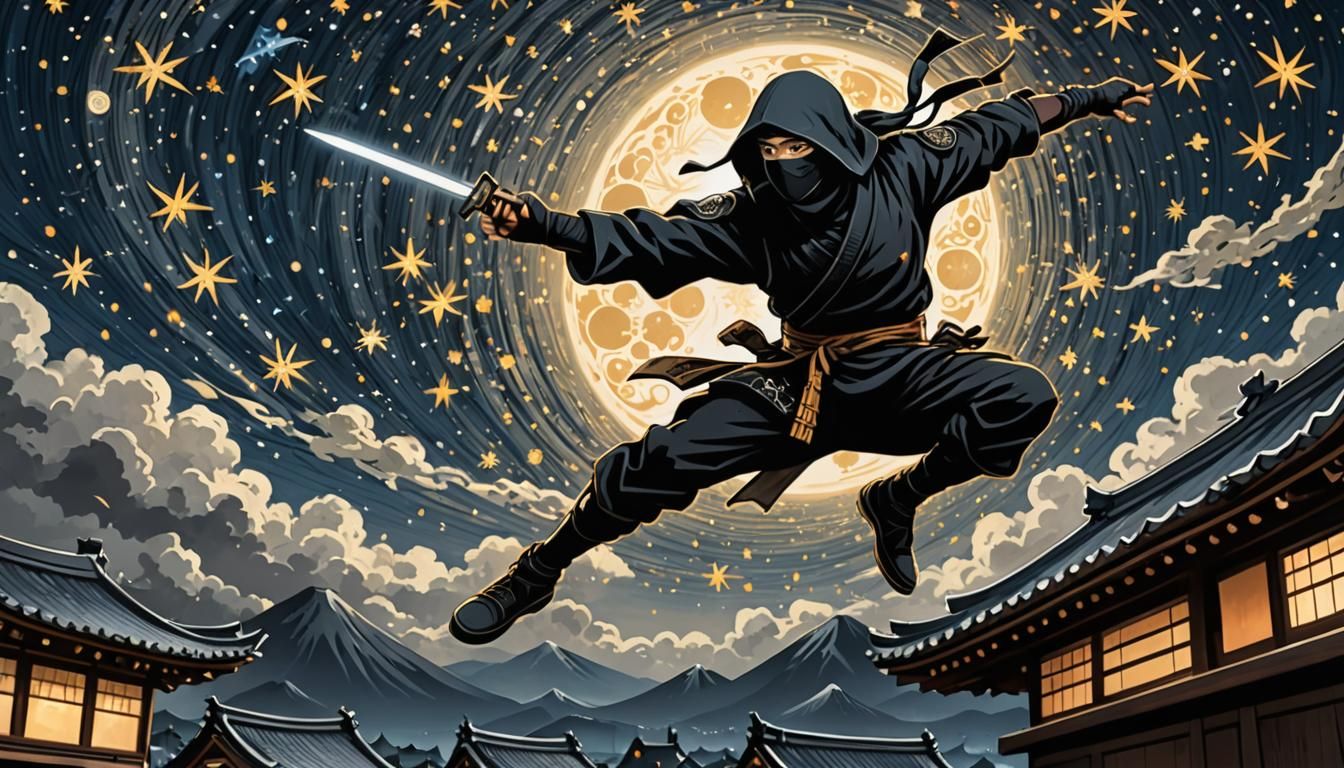 Ninja Leaping Under Starry Sky: Hyper Detailed Illustration