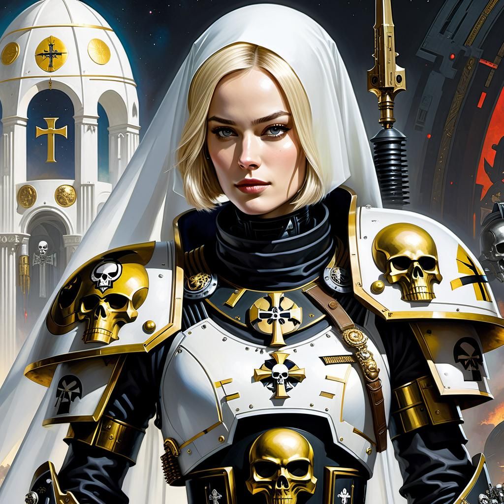 Futuristic Soldier Nun in Warhammer 40k Style