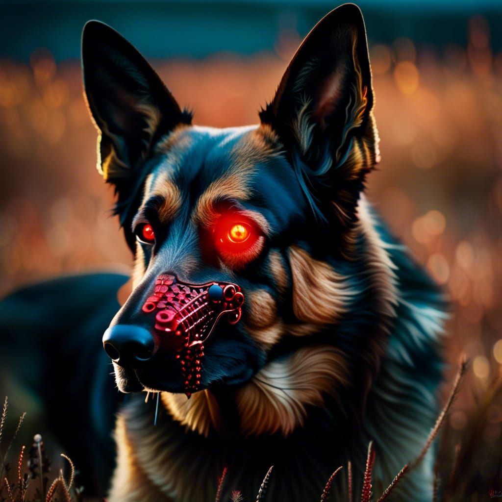 Cybernetic German Shepherd Dog in a Skull Field