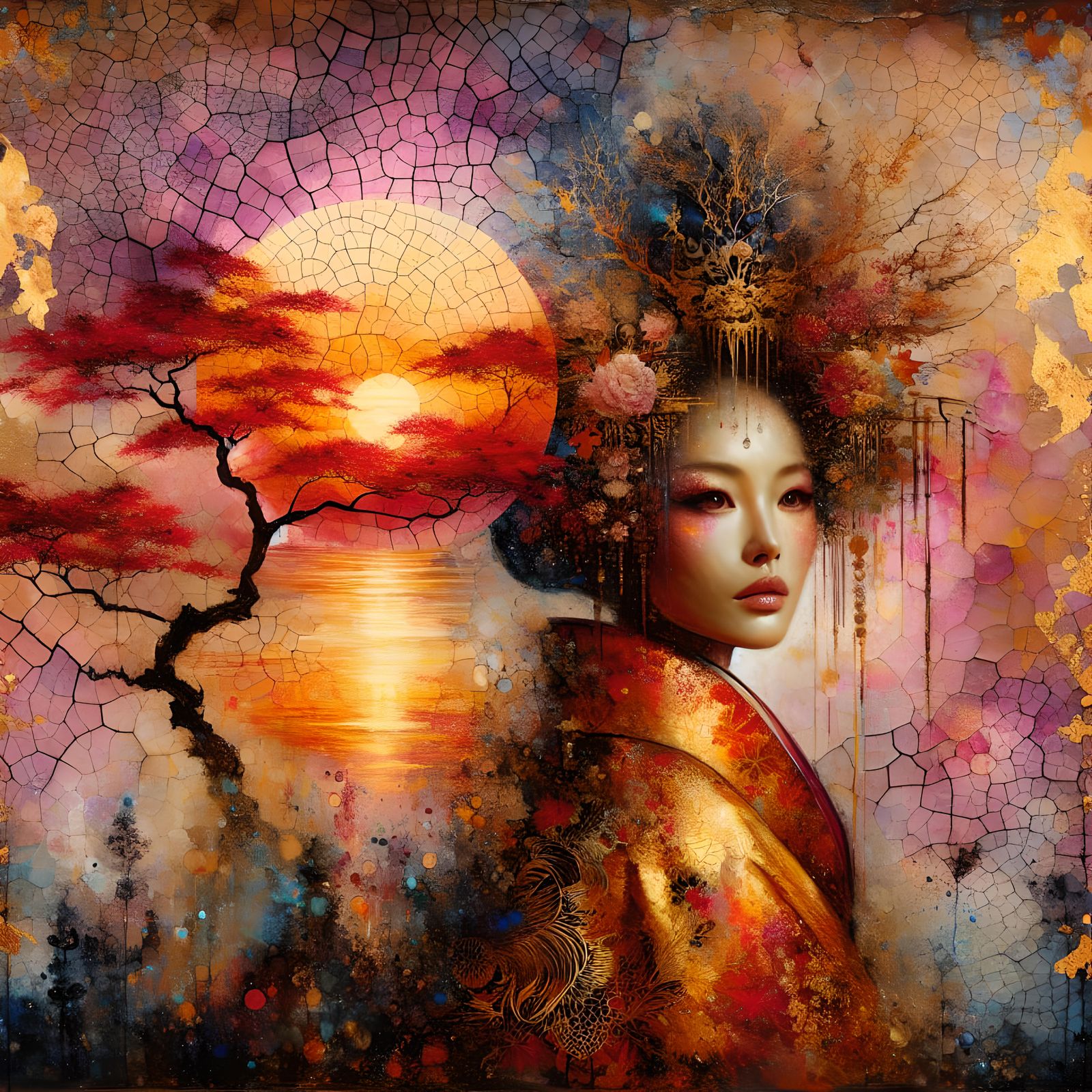 Surreal Rococo Dream: Asian Woman in Kimono