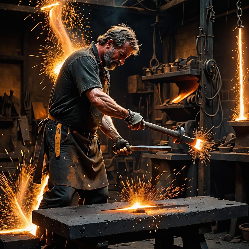 Blacksmith Forging Blade with Dramatic Lighting