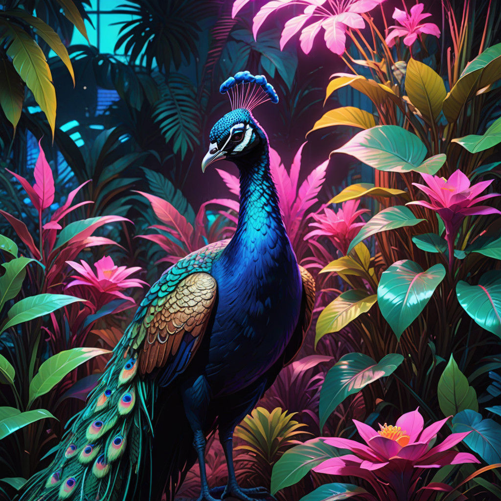 Surreal Peacock Emerges from Neon Jungle