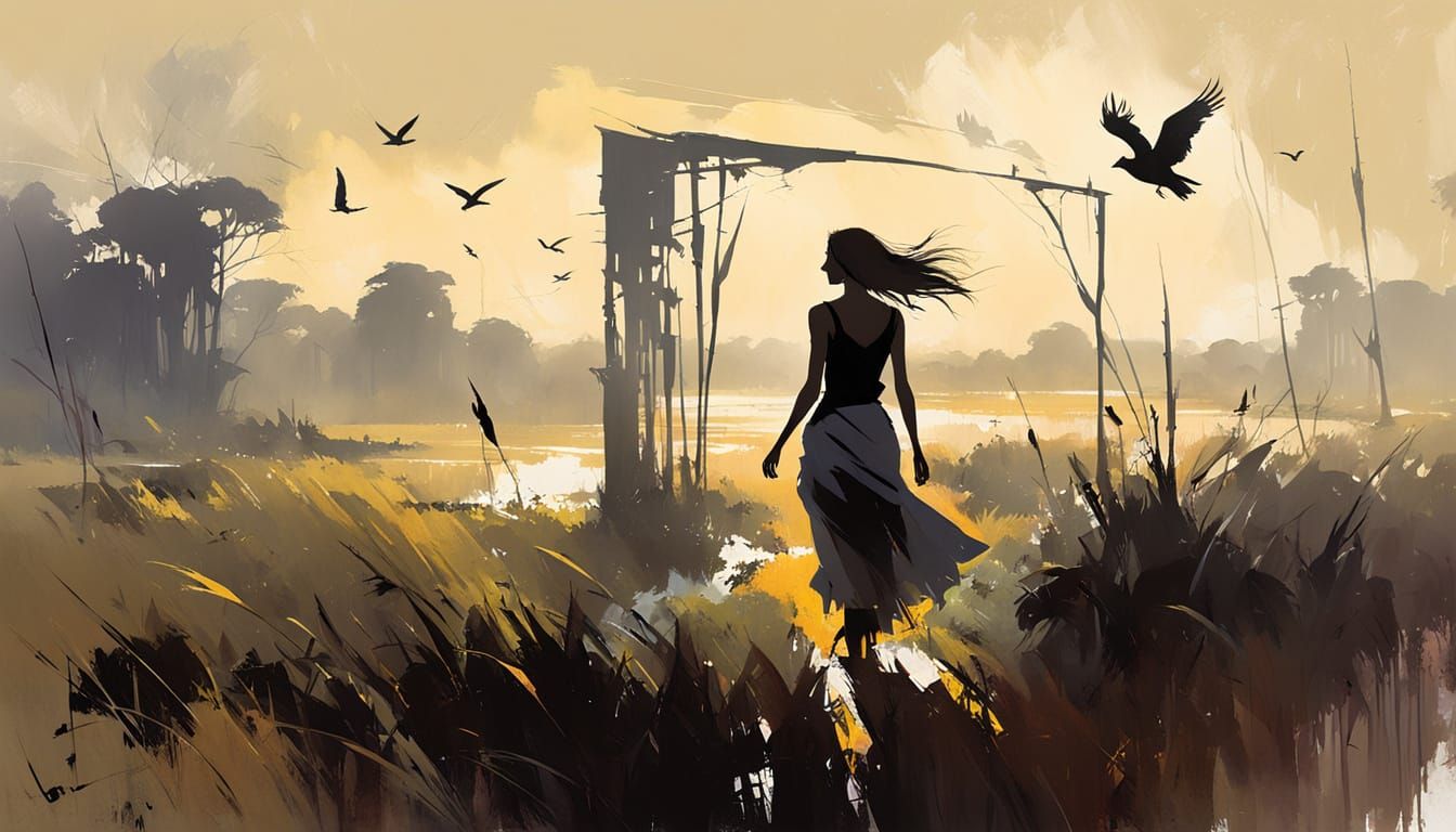 Barefoot Woman in Misty Fantasy Landscape with Birds
