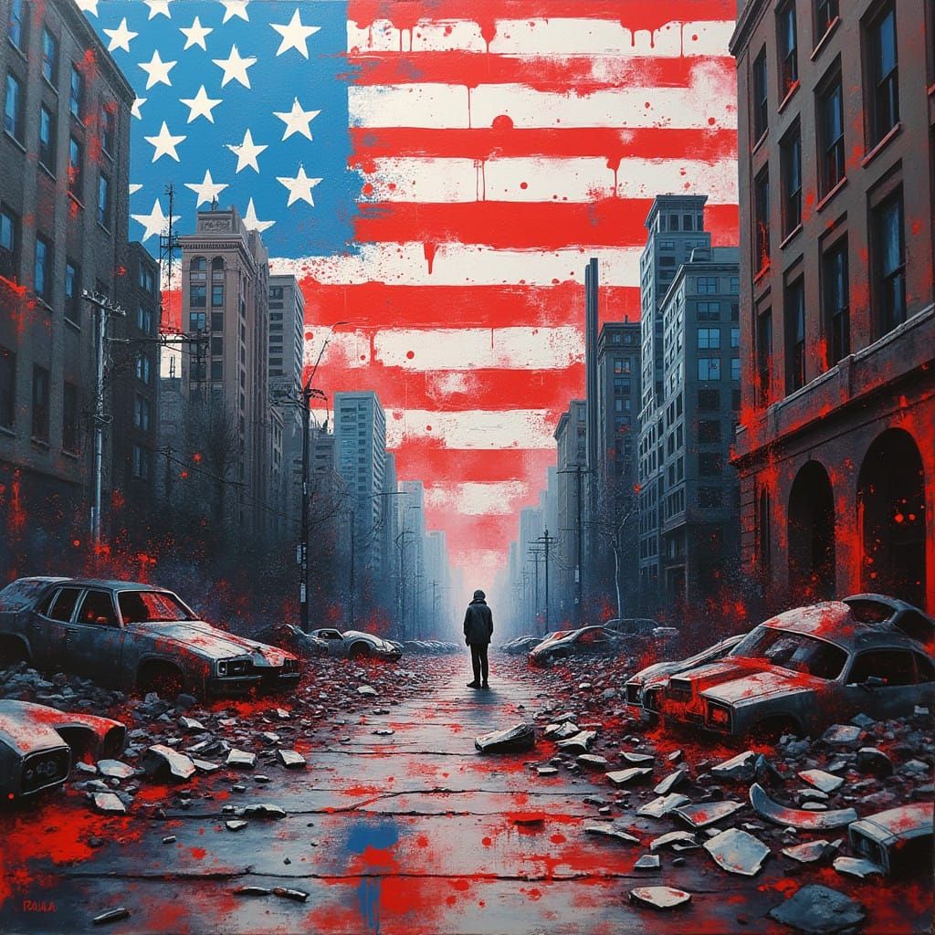 Surreal American Nightmare Unfolds in Graffiti Cityscape