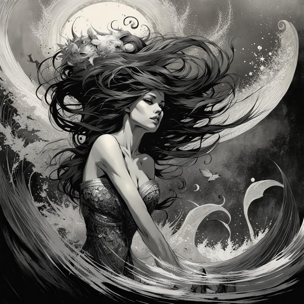 Enchanting Mermaid's Song in Engraving Style