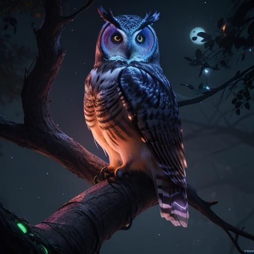 Glowing Owl Surrounded by UFOs: Detailed Matte Painting