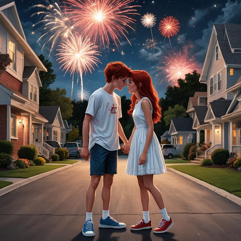 Young Couple's First Kiss Under Fireworks
