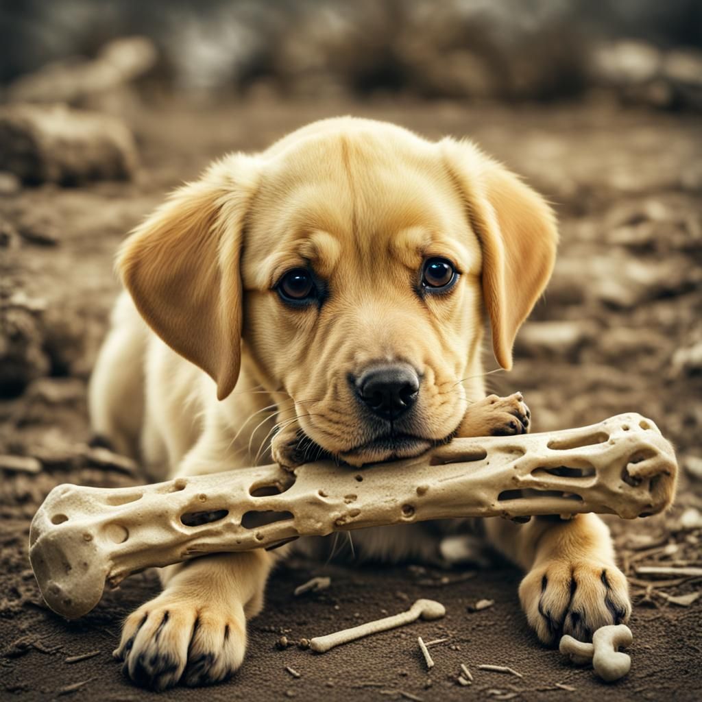 Cute Yellow Puppy Chewing Bone in HDR