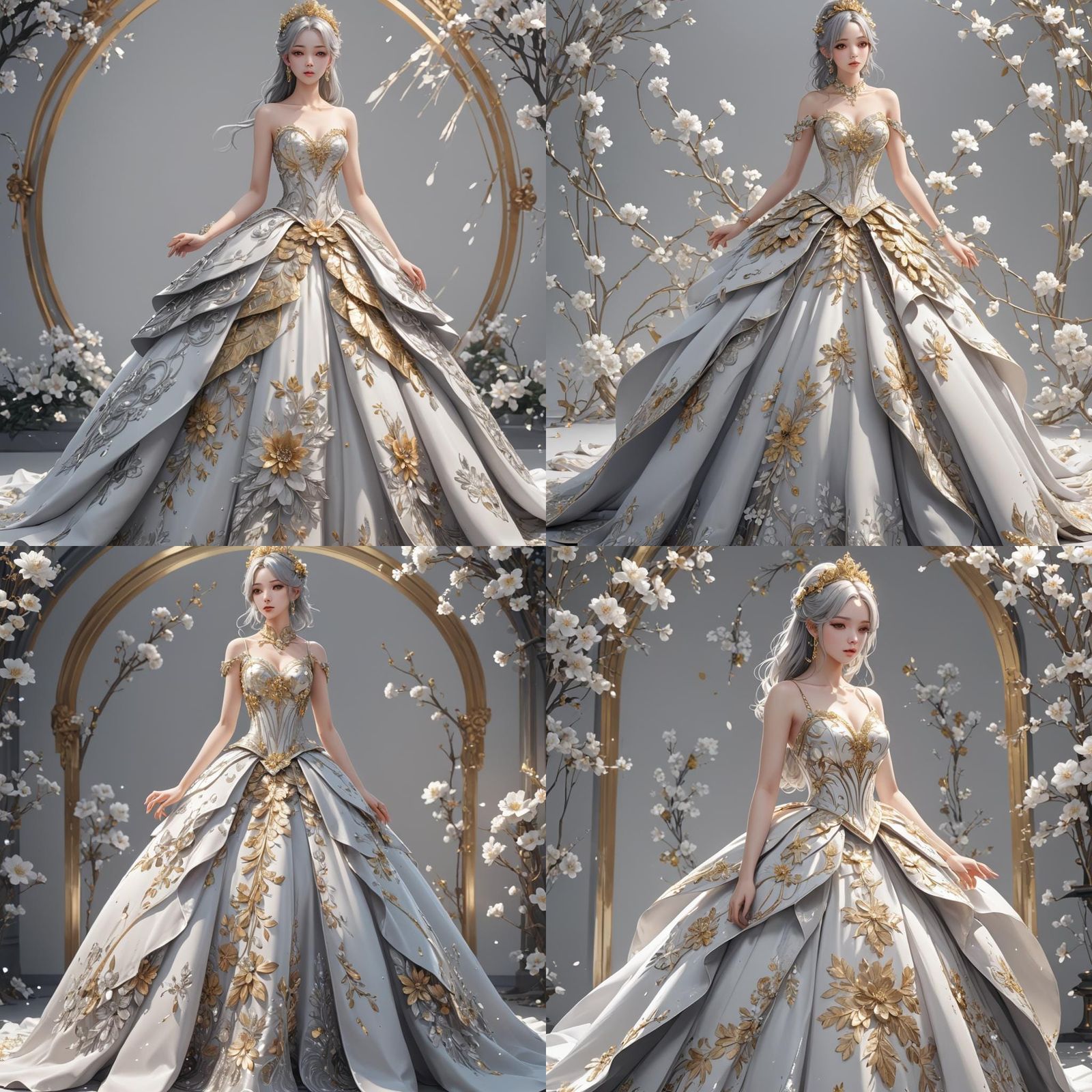Elegant White and Silver Floral Ball Gown in 3D Anime Style