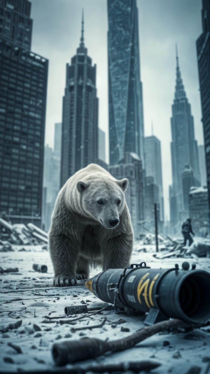 Lonely Polar Bear in Ruined Post-Apocalyptic Cityscape