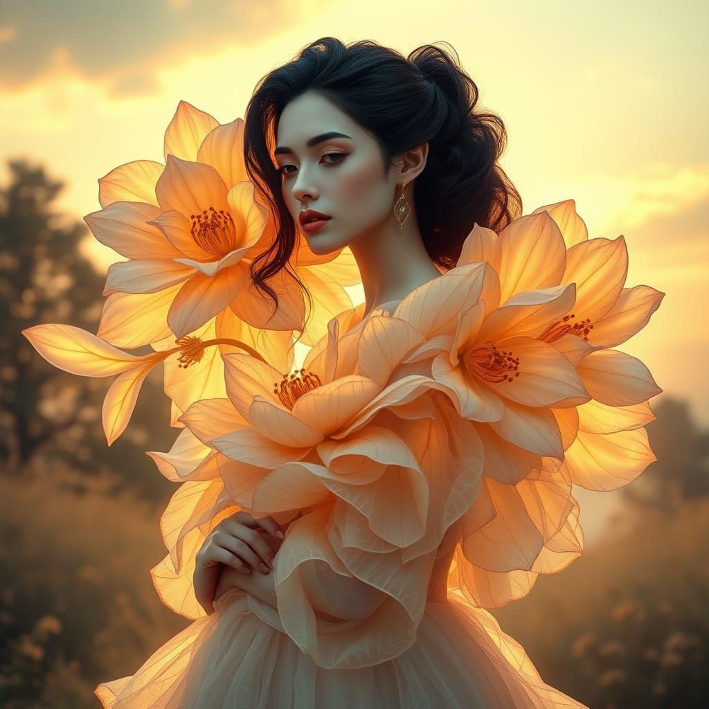 Ethereal Goddess Amidst Golden Blooms in Soft Focus