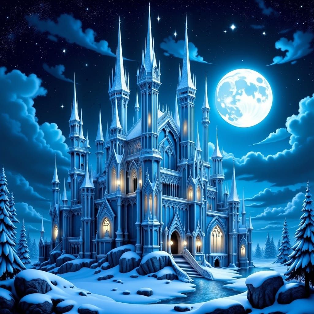 Crystalline Gothic Ice Castle under Moonlight