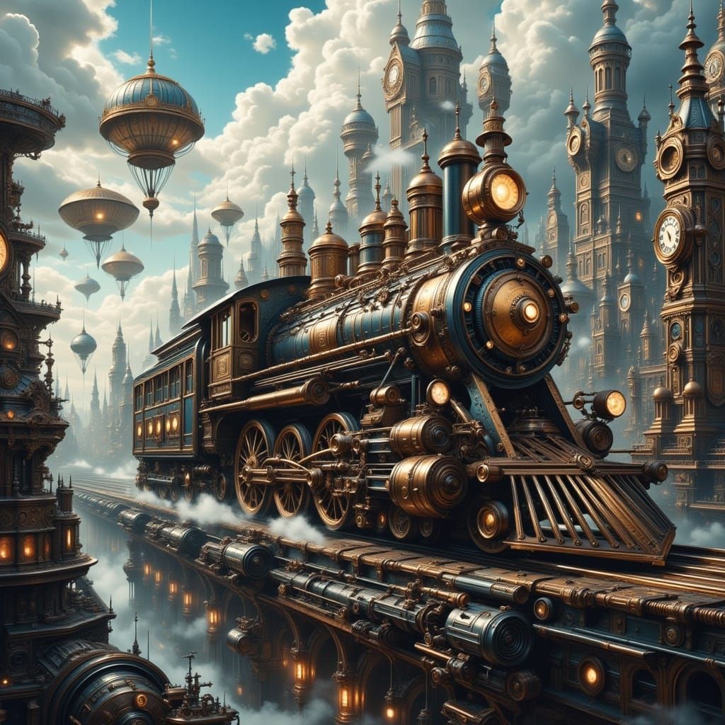 Steampunk Cityscape with Intricate Train