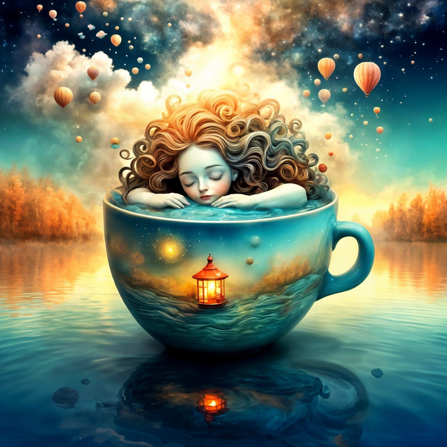 Dreamy Lake: Coffee Cup Slumber in Surrealism