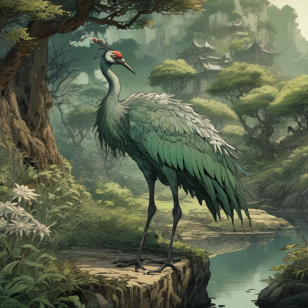 Anime Crane in Green Landscape, Cel-Shaded Art