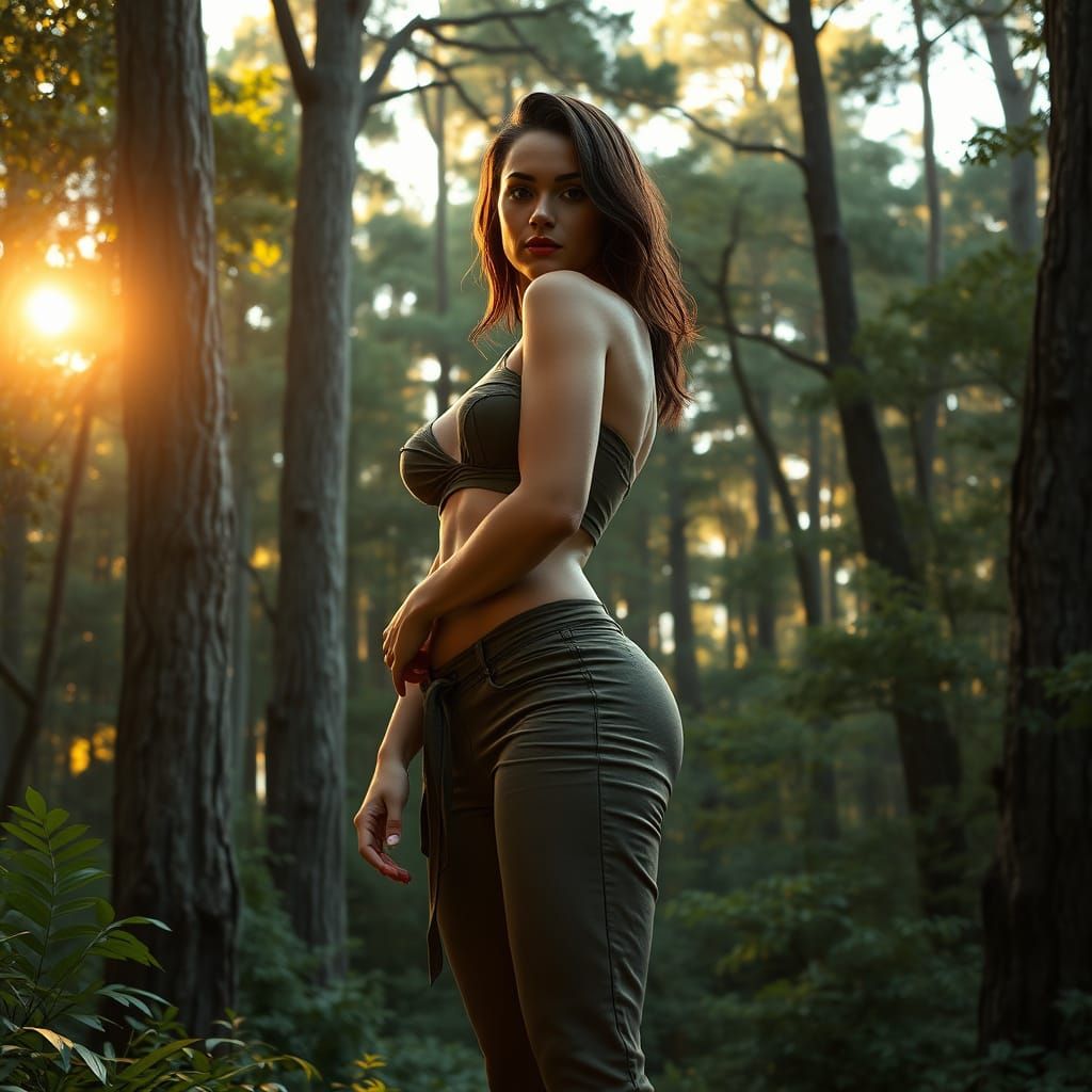 Confident Woman in Sunset Forest Scene, Cyberpunk-Inspired 3...