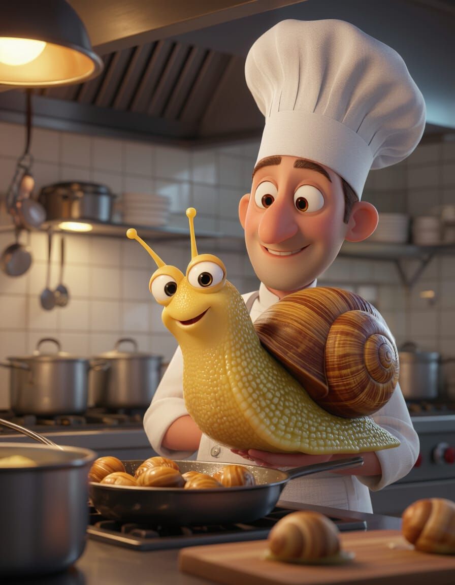 Cartoon Snail Chef's Shoulder in Pixar 3D Style