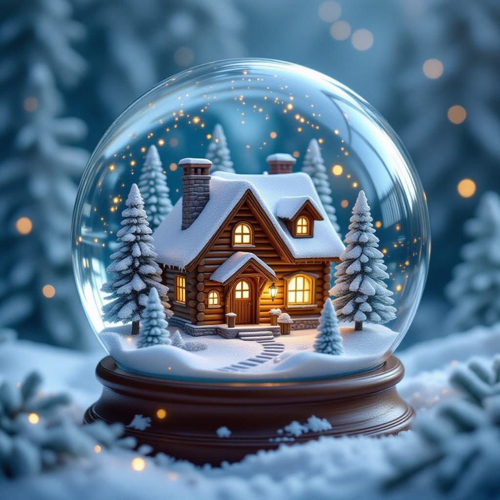 Cozy Cabin in Snow Globe, Enchanted Forest Scene
