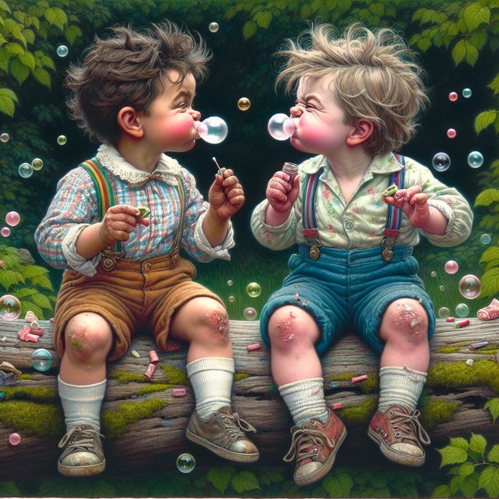 Two Boys Engage in a Joyful Bubble Blowing Competition in a ...