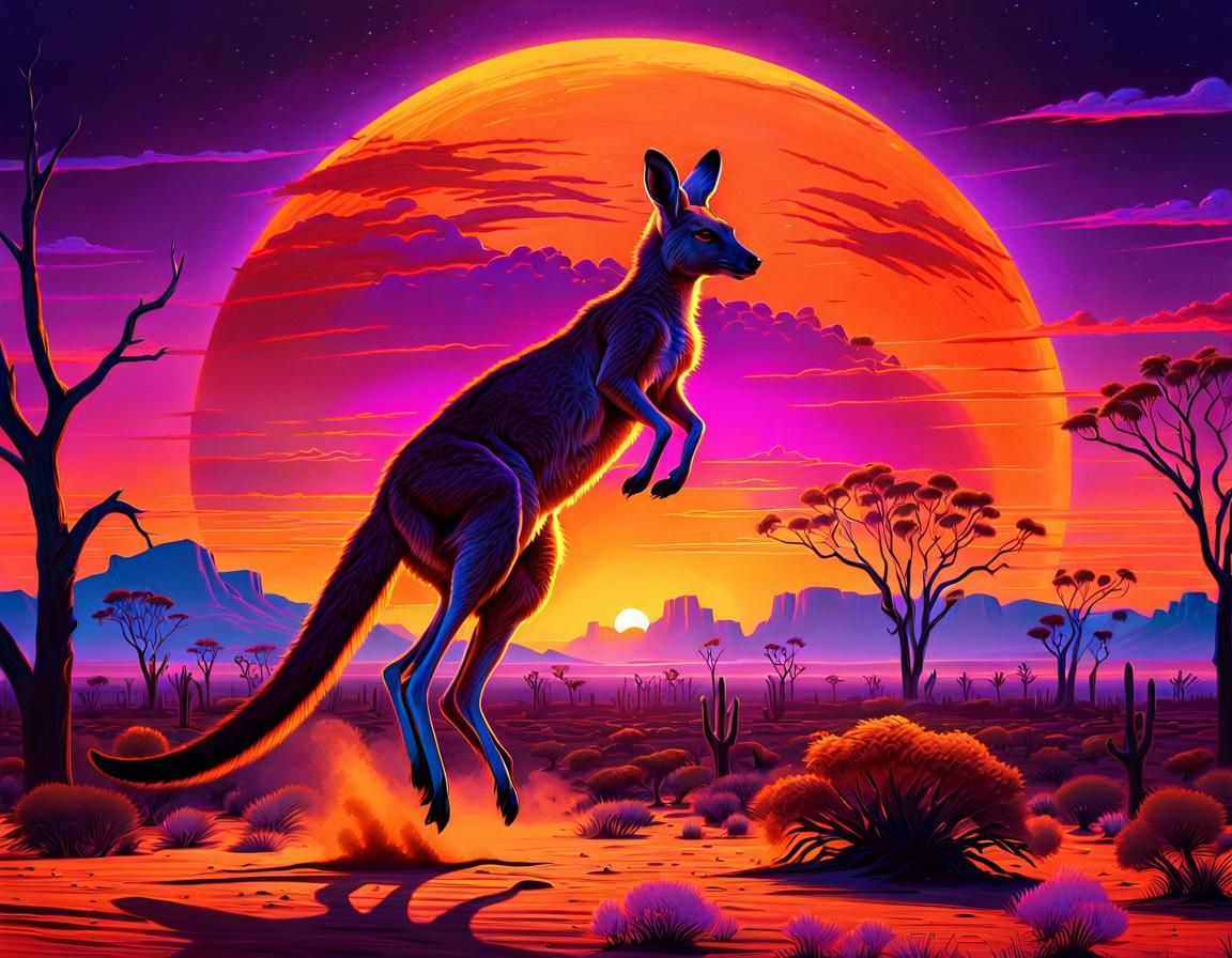 Kangaroo Leaping in Synthwave Sunset Dreamscape
