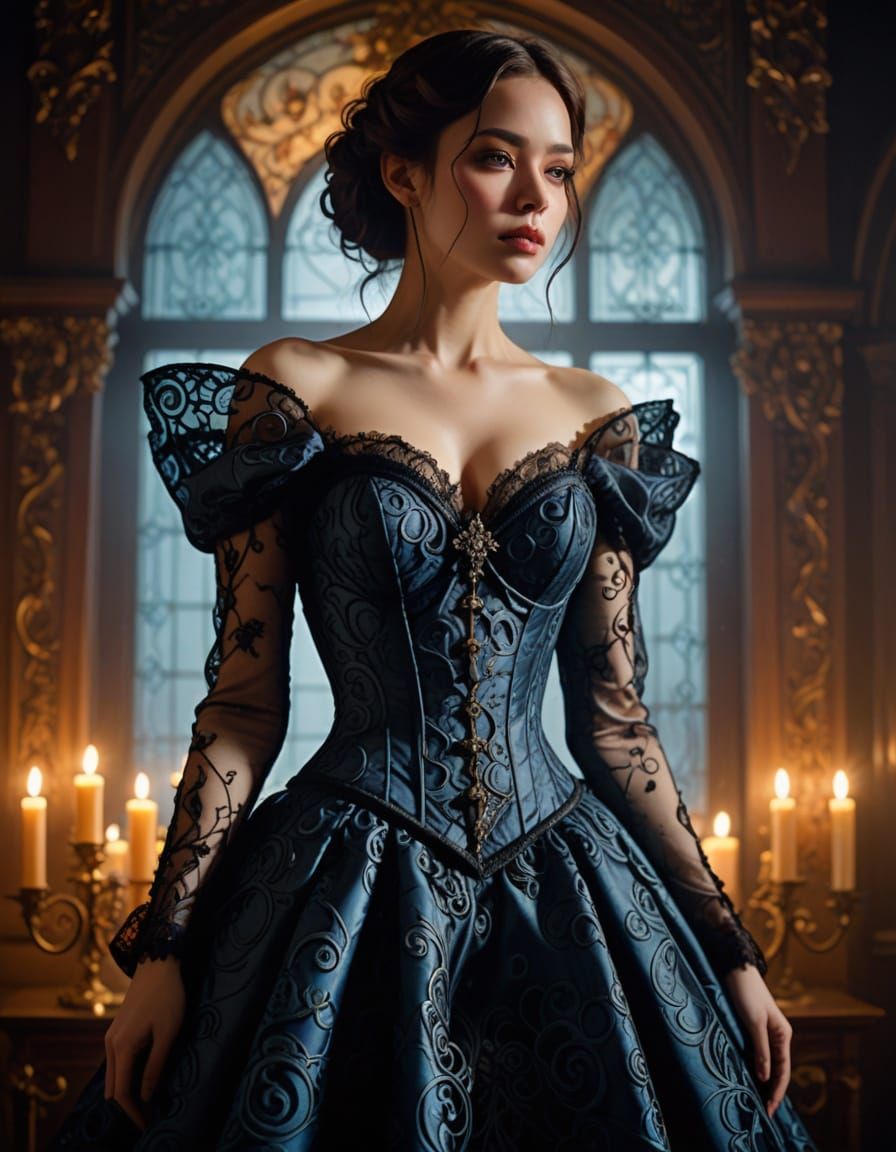 Victorian Gothic Woman in Opulent Ballroom