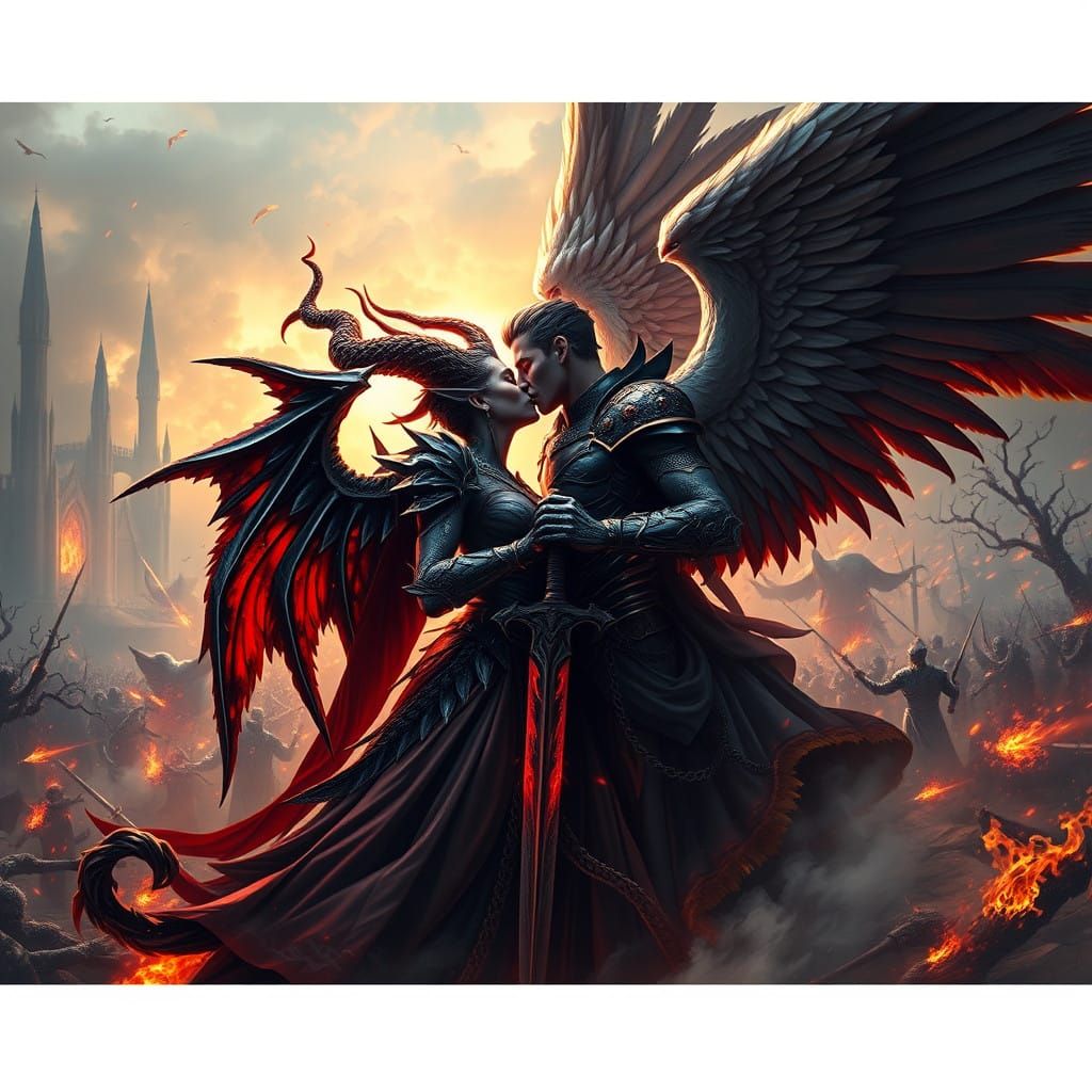 Dark Fantasy Queen and Angel Share Forbidden Kiss in Epic Wa...