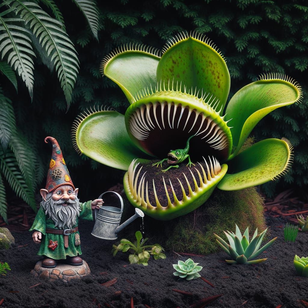 Giant Venus Fly Trap & Gnome Watering Garden