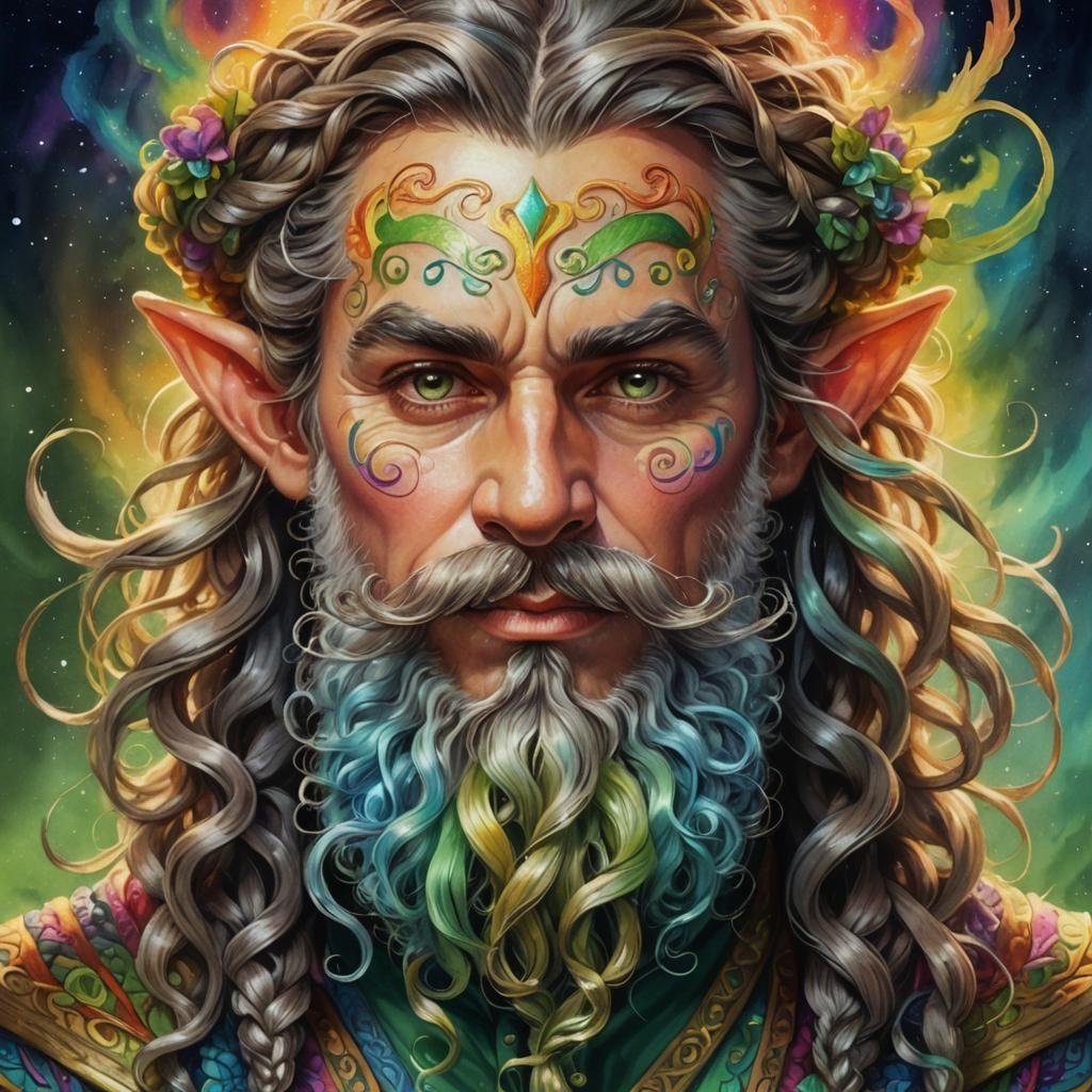 Whimsical Elf with Rainbow Mustache in Art Nouveau Style