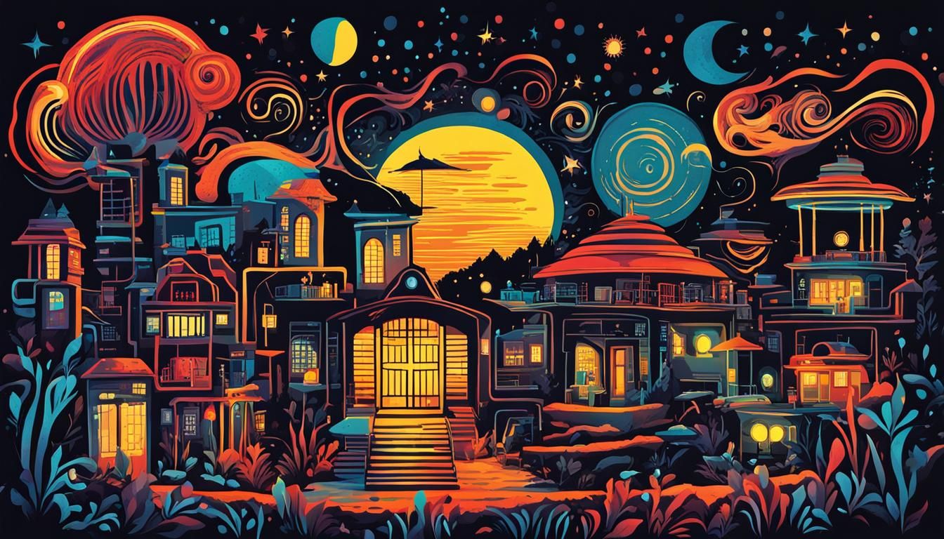 Glowing Medbay at Night in Whimsical Ink Cartoon Style