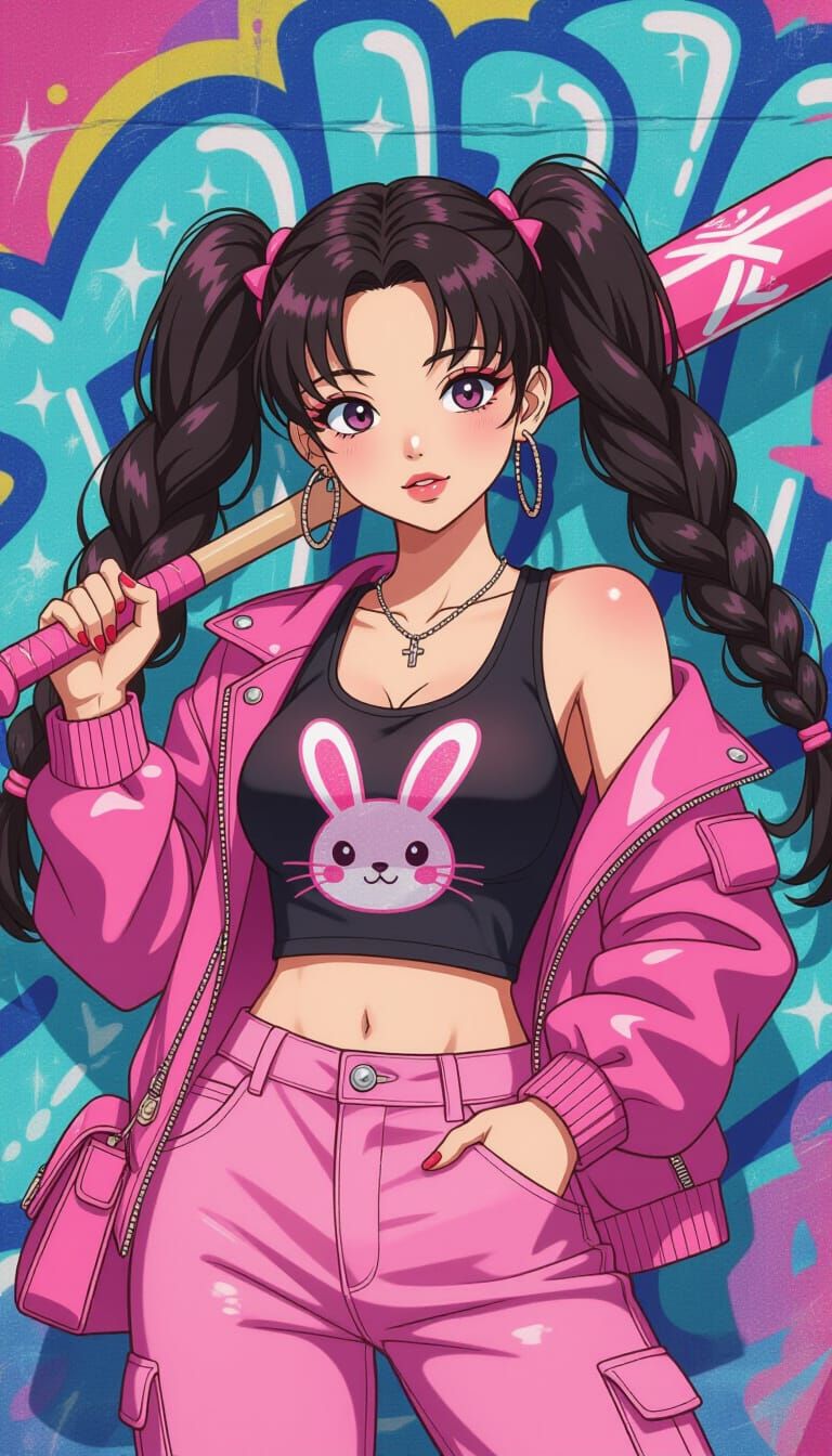 Korean Woman with Pink Bat in Shoujo Anime Style