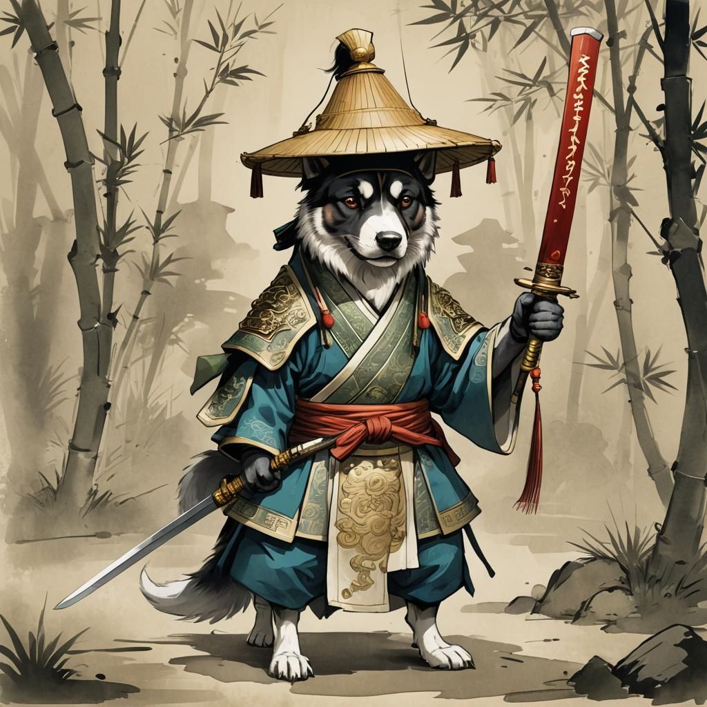 Humanoid Dog Swordsman in Ancient China, 3D Anime Art