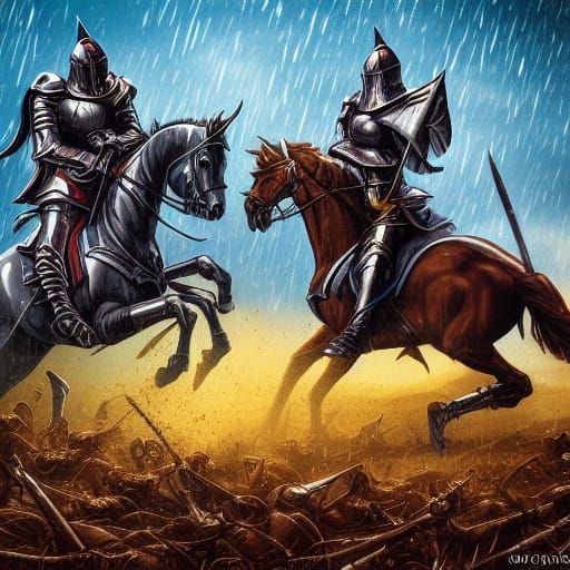 Questing Knights Battle in Rainy Field: Comic Art