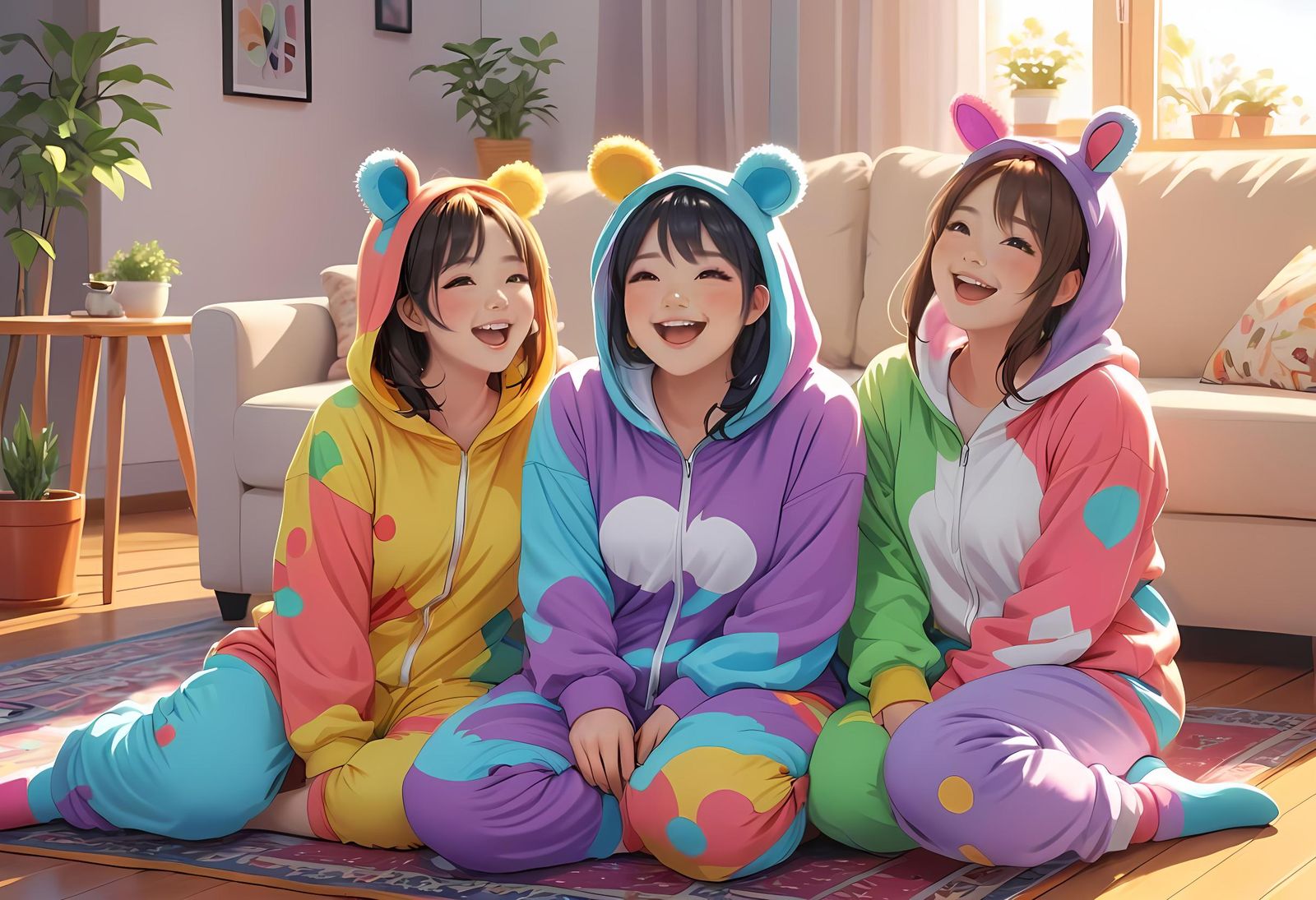Three Friends Laughing in Colorful Animal Onesies
