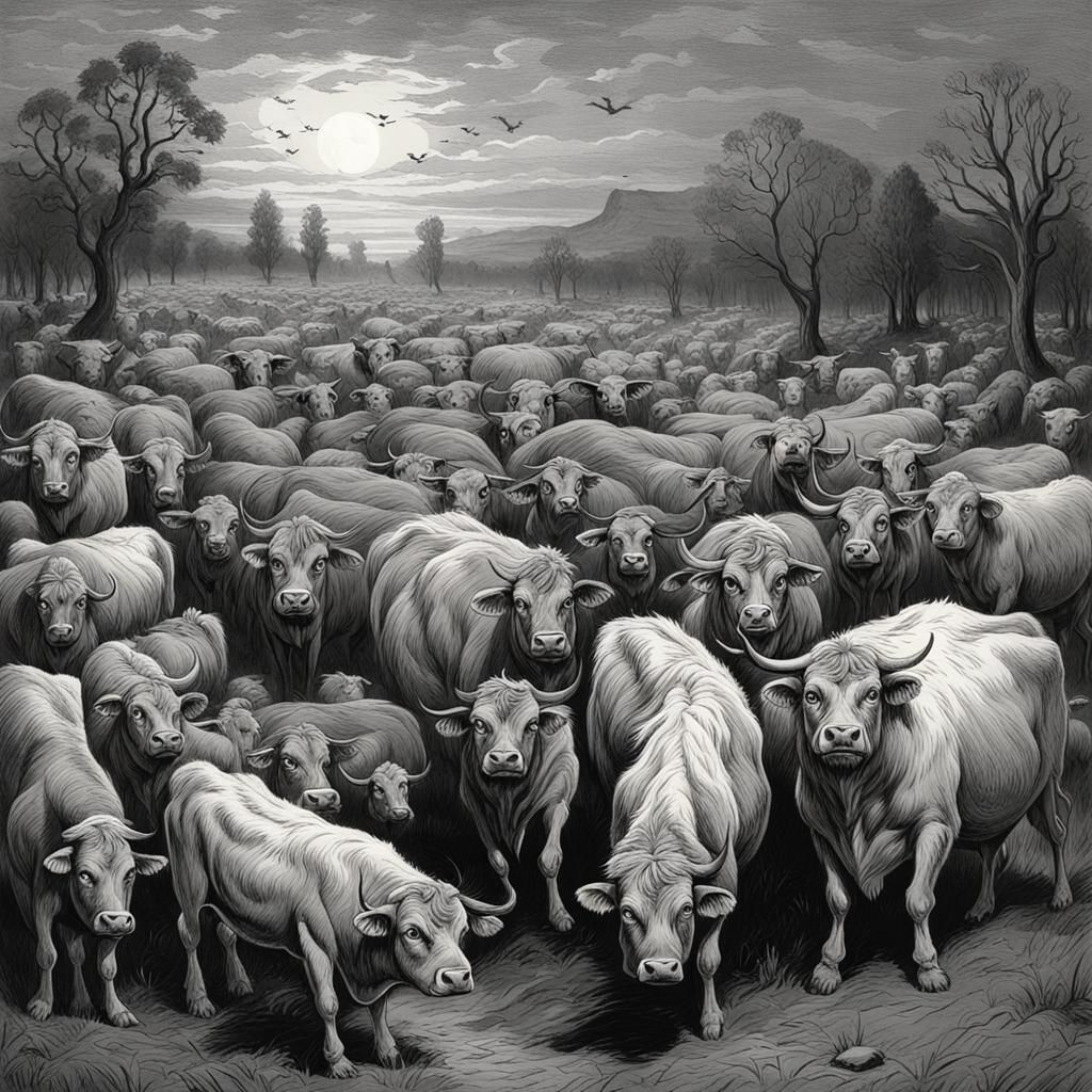 Terrifying Fluffy Cows in Engraved Horror Scene