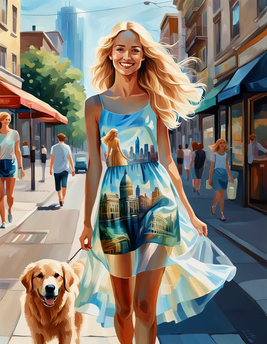 Smiling Woman in City: Double Exposure Oil Painting