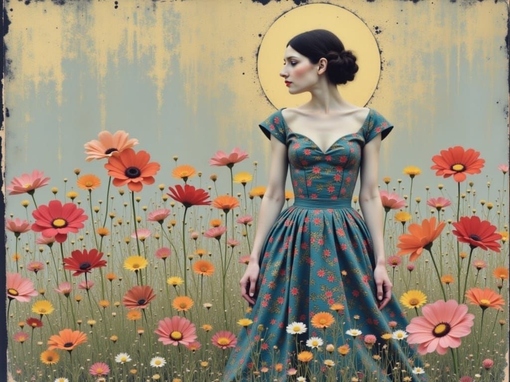 Woman with Floral Background in Klimt Art Nouveau Style