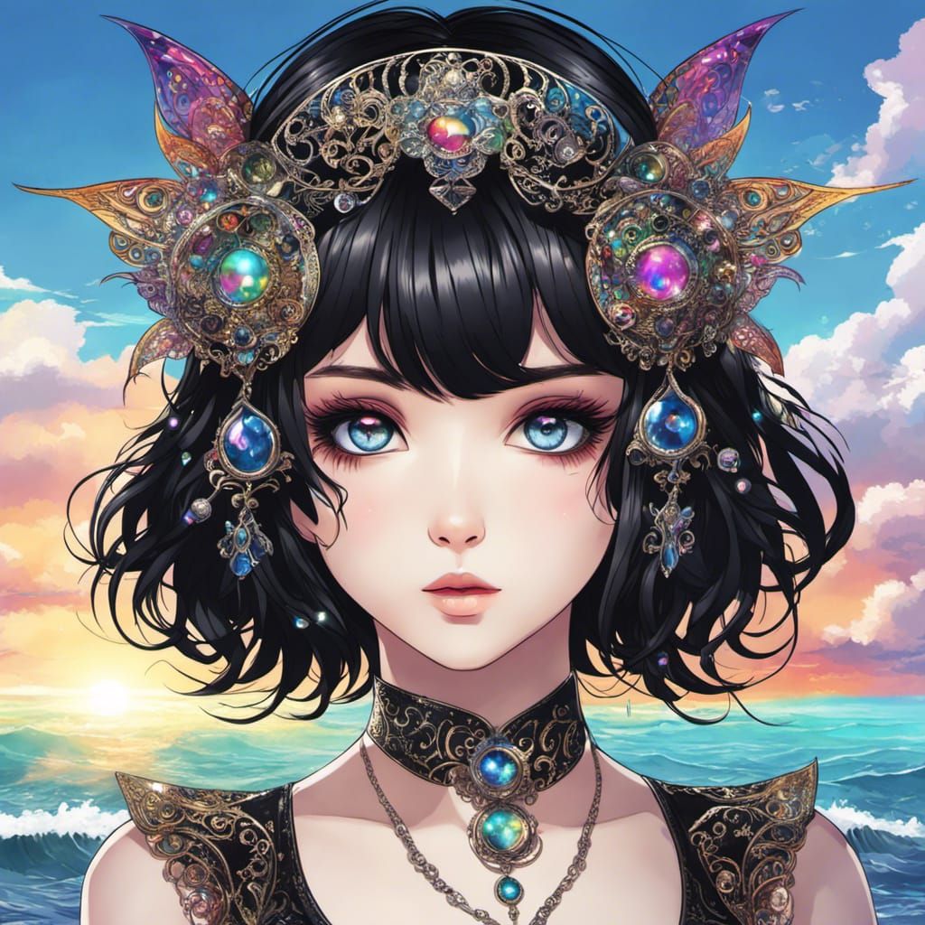 Anime Goth Goddess on Beach with Rainbow Eyes
