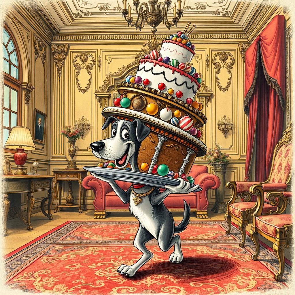 Cartoon Dog with Tilted Cake in Victorian Room