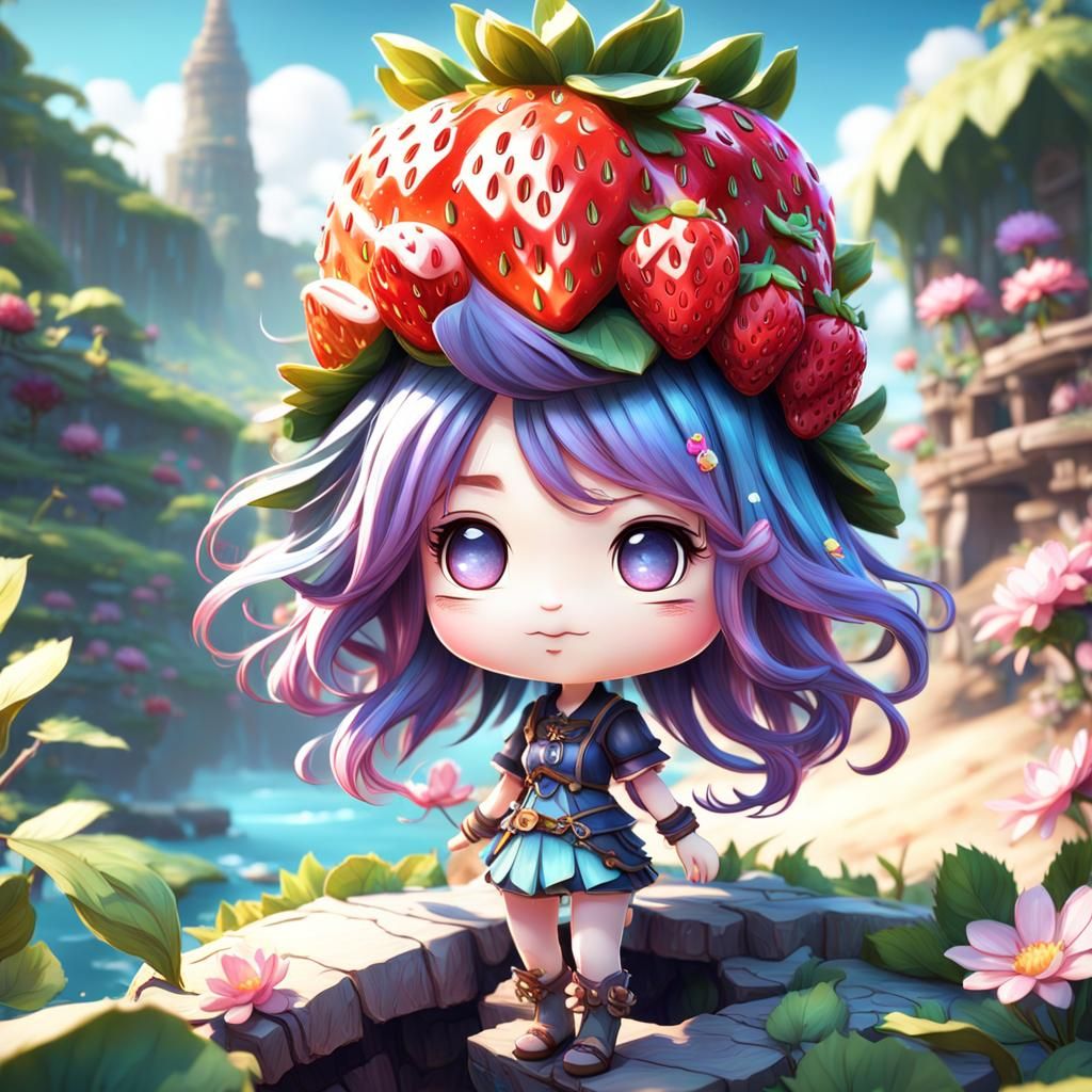 Charming Chibi Character with Strawberry Hair, Detailed Digi...