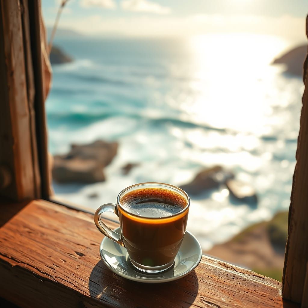 Vibrant Seascape Espresso on Rustic Windowsill