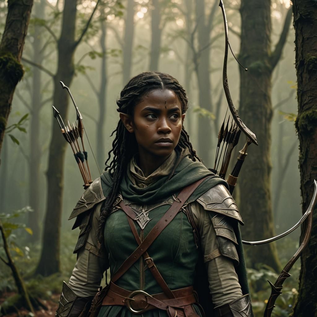 Elf Ranger in Gloomy Forest: Cinematic Film Still