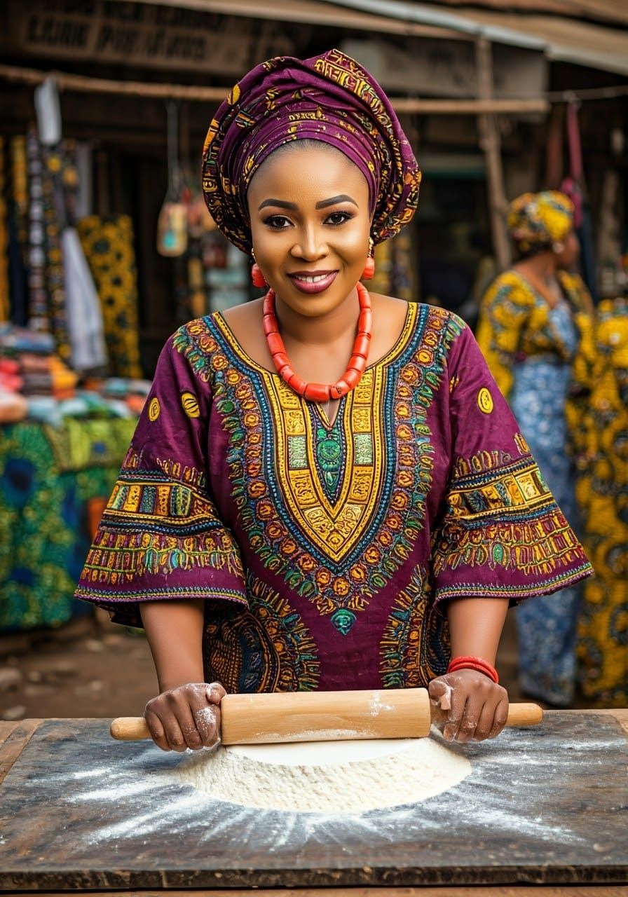 Nigerian Woman Adorns Flour with Traditional Dashiki and Hen...