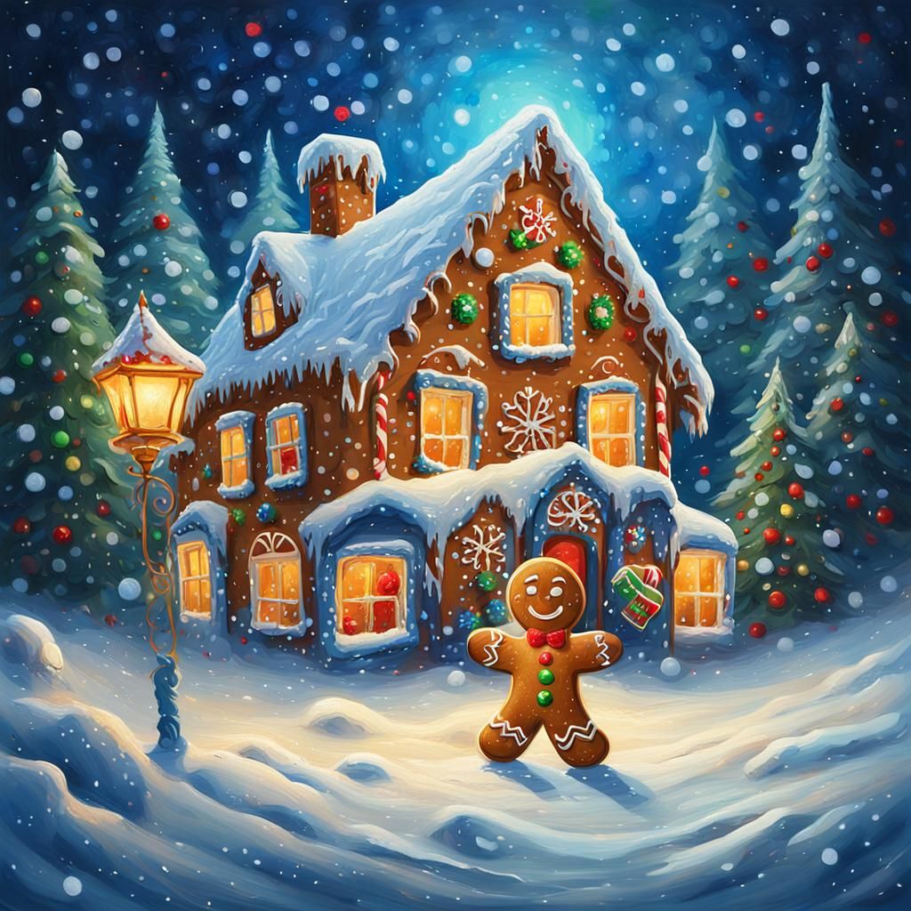 Gingerbread Man in Winter Wonderland, Art Nouveau Painting