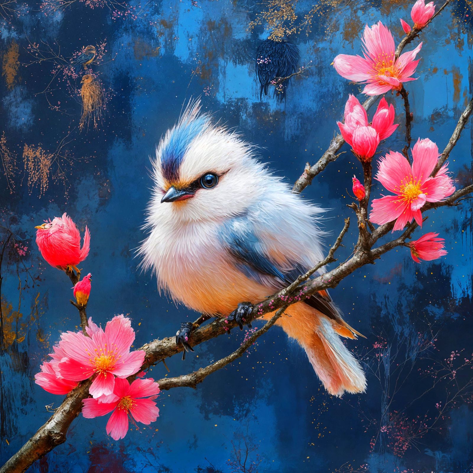 Fluffy Bird on Cherry Blossom Branch Painting