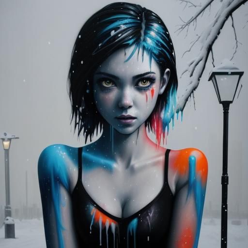 Melancholy Figure in Snowy Graffiti Art