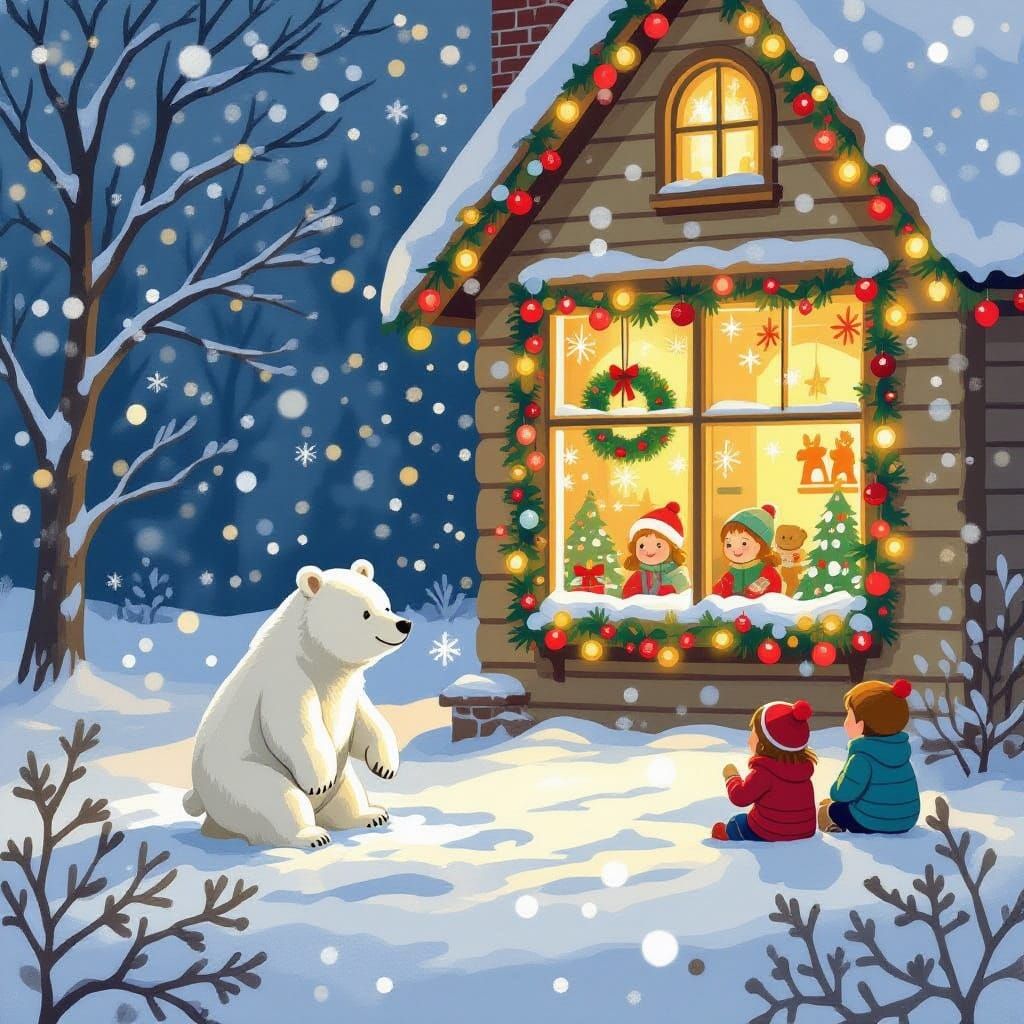 Whimsical Bear Plays in Snow by Decorated Cabin