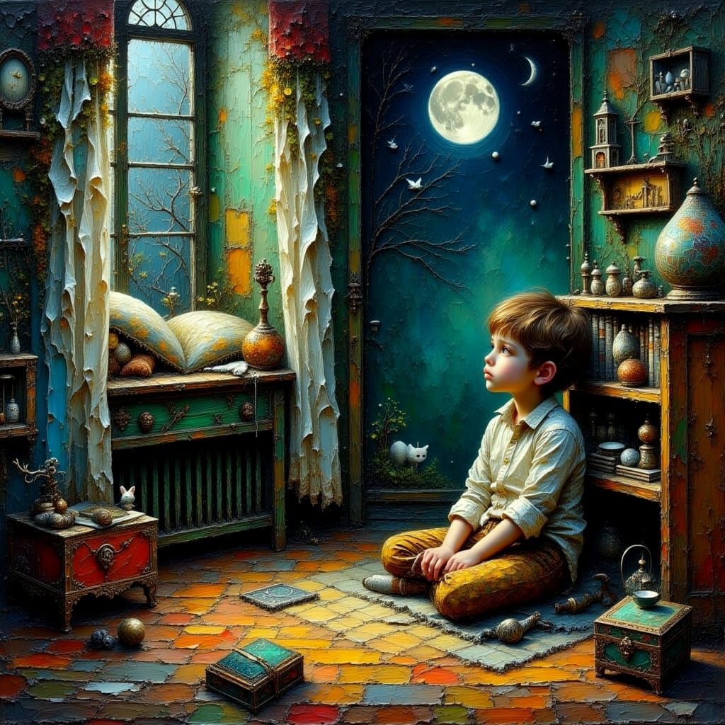 Sad Boy in Impasto Oil Painting with Textured Brush Strokes